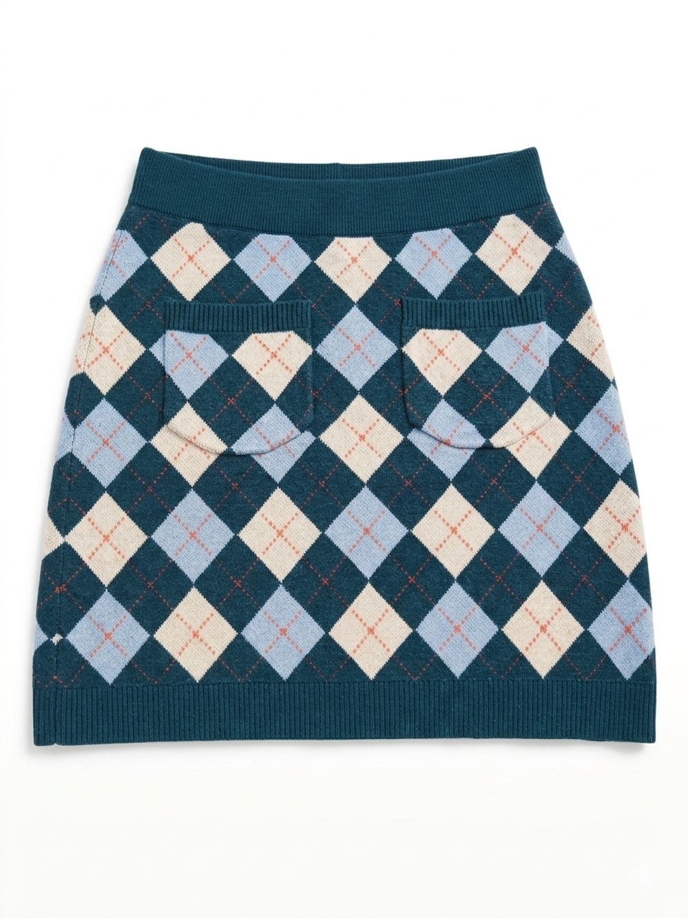 Free People Argyle Knit Mini Skirt with Pockets - Teal/Blue/Cream